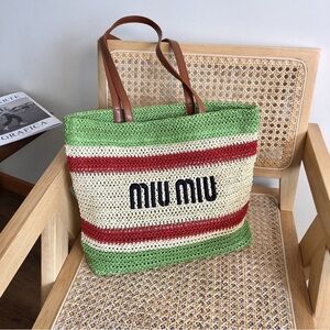 Miu Miu Straw Bag Green Red Woven Summer Tote Chic
